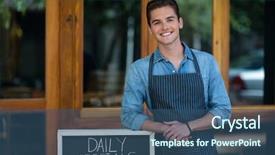  Presentation with waiter - Beautiful theme featuring waiter leaning on menu board backdrop and a ocean colored foreground