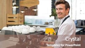  Presentation with machine shop - Amazing slide deck having waiter making coffee in machine backdrop and a violet colored foreground