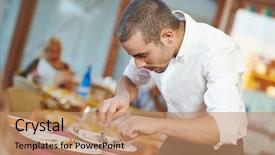  Presentation with restaurant waiter - PPT theme with waiter man dressing fish background and a coral colored foreground