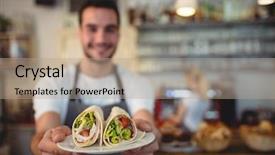  Presentation with waiter - Amazing slide deck having waiter offering fresh rolls backdrop and a coral colored foreground