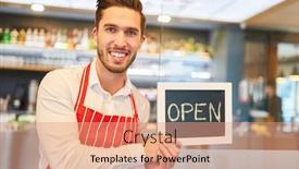  Presentation with restaurant waiter - PPT theme consisting of waiter-or-restaurant-founder-holds background and a coral colored foreground