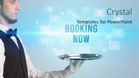  Presentation with now - Cool new slides with waiter-serving-booking-now-inscription backdrop and a light blue colored foreground