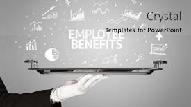  Presentation with employee benefits - Amazing PPT theme having waiter-serving-business-idea-concept backdrop and a light gray colored foreground