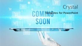  Presentation with coming soon - Cool new PPT theme with waiter-serving-coming-soon-inscription backdrop and a arctic colored foreground