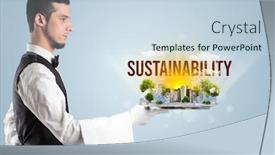  Presentation with eco city - Audience pleasing presentation theme consisting of waiter-serving-eco-city backdrop and a sky blue colored foreground