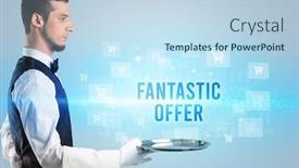  Presentation with online shopping - Beautiful theme featuring waiter-serving-fantastic-offer-inscription backdrop and a sky blue colored foreground