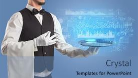  Presentation with waiter - Presentation design enhanced with waiter serving fluctuation concept and charts on a tray background and a teal colored foreground