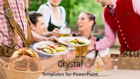  Presentation with beer garden - PPT theme having waiter serving food in bavarian background and a coral colored foreground