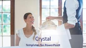  Presentation with restaurant waiter - Slide set featuring waiter serving food to smiling background and a  colored foreground