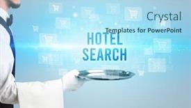  Presentation with online shopping - Slide deck with waiter-serving-hotel-search-inscription background and a light blue colored foreground