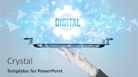  Presentation with new technology - Audience pleasing PPT theme consisting of waiter-serving-new-technology-concept backdrop and a light blue colored foreground