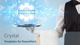  Presentation with new technology - PPT theme enhanced with waiter-serving-new-technology-concept background and a light blue colored foreground