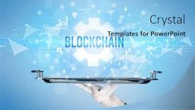  Presentation with blockchain technology - Theme consisting of waiter-serving-new-technology-concept background and a light blue colored foreground