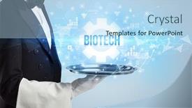  Presentation with new technology - PPT theme with waiter-serving-new-technology-concept background and a light blue colored foreground