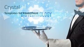  Presentation with new technology - Cool new slides with waiter-serving-new-technology-concept backdrop and a light blue colored foreground