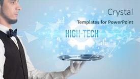  Presentation with high tech technology - Audience pleasing presentation design consisting of waiter-serving-new-technology-concept backdrop and a light blue colored foreground
