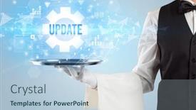 Presentation with new technology - Presentation design enhanced with waiter-serving-new-technology-concept background and a light blue colored foreground