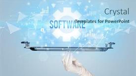  Presentation with software - Presentation theme having waiter-serving-new-technology-concept background and a light blue colored foreground