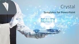  Presentation with new technology - Slide deck consisting of waiter-serving-new-technology-concept background and a light blue colored foreground