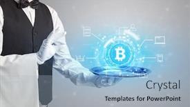  Presentation with mining - Amazing slide set having waiter serving on a tray cryptocurrency and mining concept backdrop and a light blue colored foreground