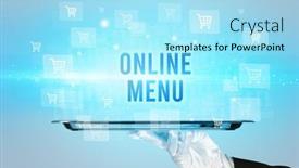  Presentation with online shopping - PPT theme featuring waiter-serving-online-menu-inscription background and a arctic colored foreground