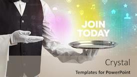  Presentation with today - Cool new slides with waiter-serving-social-networking backdrop and a mint green colored foreground