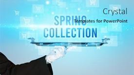  Presentation with online shopping - PPT theme having waiter-serving-spring-collection-inscription background and a arctic colored foreground
