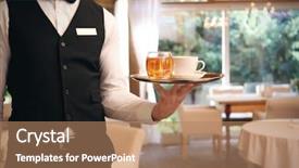  Presentation with work anniversary restaurant catering services - Colorful PPT layouts enhanced with waiter serving tea at restaurant backdrop and a coral colored foreground
