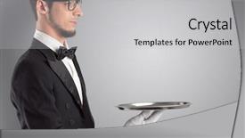  Presentation with waiter hand in white glove - Colorful theme enhanced with waiter serving with white gloves backdrop and a  colored foreground