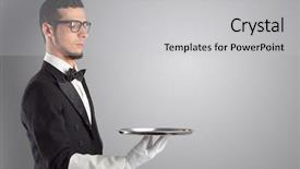  Presentation with waiter hand in white glove - Amazing PPT theme having waiter serving with white gloves backdrop and a light gray colored foreground