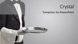  Presentation with waiter hand in white glove - Beautiful PPT theme featuring waiter serving with white gloves backdrop and a  colored foreground