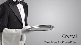  Presentation with waiter hand in white glove - PPT theme consisting of waiter serving with white gloves background and a light gray colored foreground