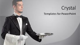  Presentation with steel - Cool new presentation design with waiter serving with white gloves backdrop and a light gray colored foreground