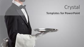  Presentation with waiter - Colorful presentation design enhanced with waiter serving with white gloves and steel tray in an empty space backdrop and a light gray colored foreground