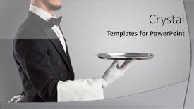  Presentation with steel - Theme consisting of waiter serving with white gloves and steel tray in an empty space background and a light gray colored foreground