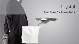  Presentation with steel - Beautiful PPT theme featuring waiter-serving-with-white-gloves backdrop and a light gray colored foreground