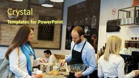  Presentation with cafeteria - Amazing PPT layouts having waiter standing behind counter serving female guest in cafeteria backdrop and a tawny brown colored foreground
