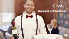  Presentation with restaurant waiter - Slides having waiter standing in restaurant holding digital tablet background and a tawny brown colored foreground