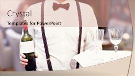  Presentation with restaurant waiter - PPT theme consisting of waiter standing in restaurant holding digital tablet background and a coral colored foreground