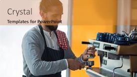  Presentation with press - Amazing slide deck having waiter using a tamper to press ground coffee into a portafilter in cafe backdrop and a gold colored foreground