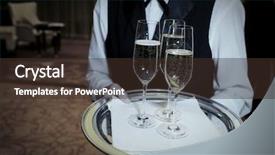  Presentation with welcome banners for guests - Slide deck with waiter welcomes guests with champagne background and a tawny brown colored foreground