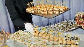  Presentation with meat food - Presentation design with waiter with meat dish serving background and a coral colored foreground