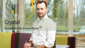  Presentation with restaurant waiter - Beautiful slide deck featuring waiter with notebook and pen at restaurant backdrop and a mint green colored foreground