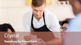  Presentation with restaurant waiter - Colorful PPT theme enhanced with waiter with notepad receiving order backdrop and a red colored foreground