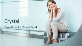  Presentation with worried young female college student - Slide deck consisting of waiting for her delayed flight background and a sky blue colored foreground