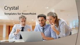  Presentation with outcome - PPT theme enhanced with hard work pays - coworkers looking at computer waiting background and a soft green colored foreground