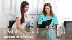  Presentation with worried young female college student - Theme with waiting room - female dentist showing something background and a coral colored foreground