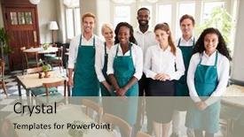  Presentation with dining restaurant - Slide set enhanced with waitress - portrait of restaurant team standing background and a light gray colored foreground