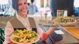  Presentation with bar - PPT theme consisting of waitress - pretty barmaid holding plates background and a coral colored foreground