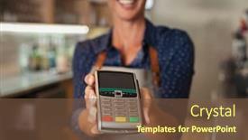 Presentation with electronic card - Presentation design with waitress-at-cash-counter-holding background and a tawny brown colored foreground
